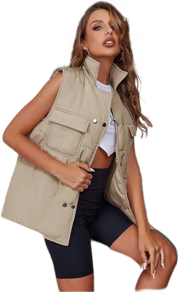 Jackets for Women - Flap Pocket Puffer Vest Coat (Color : Beige, Size : X-Small)