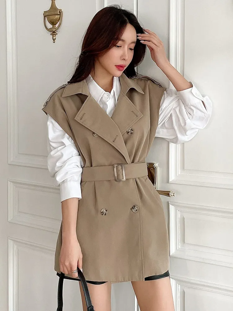 Jackets for Women - Double Breasted Belted Vest Trench Coat (Color : Khaki, Size : Large)