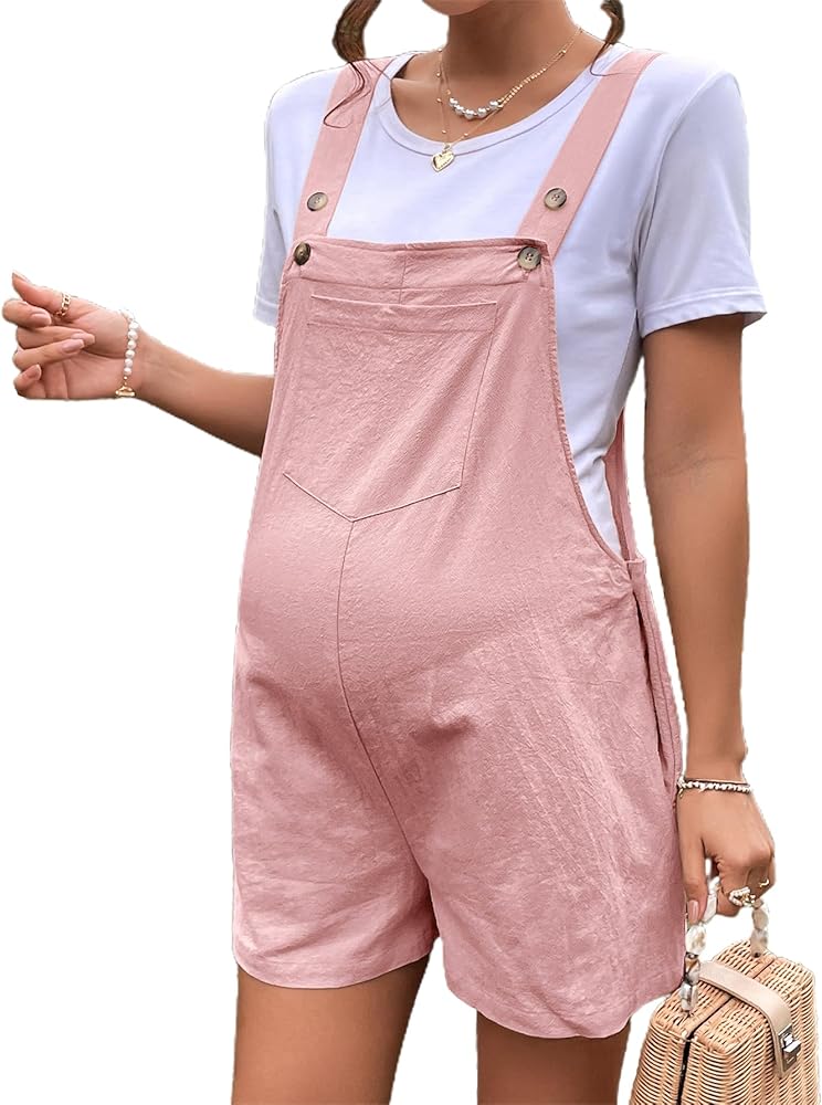 OYOANGLE Women's Maternity Overall Shorts Tie Knot Strap Short Romper Jumpsuit with One Pockets