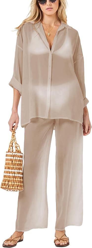 Famulily Womens Sexy 2 Piece See Through Sheer Cover Up Set with Long Sleeve Button Down Shirts and Drawstring Pants