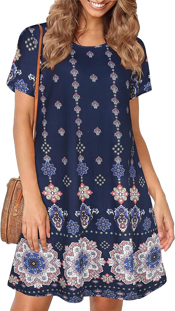 Womens Summer Dresses Beach Casual Loose Tshirt Floral Short Sleeve Flowy Pockets Sundresses