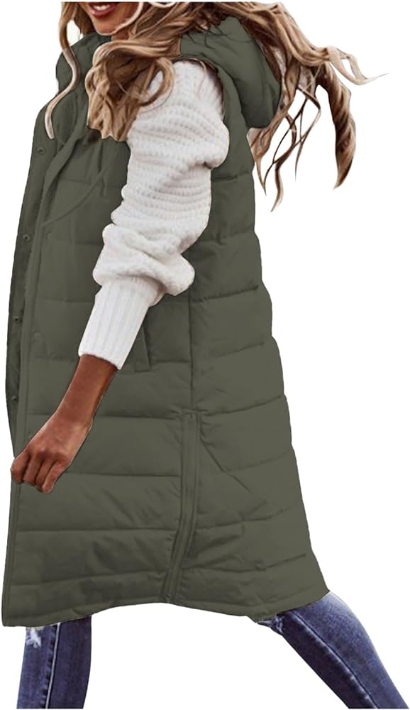 Womens Long Down Vest with Hood Sleeveless Hooded Jacket Slim Zipper Coats Outdoor Puffer Quilted Vest Outerwear