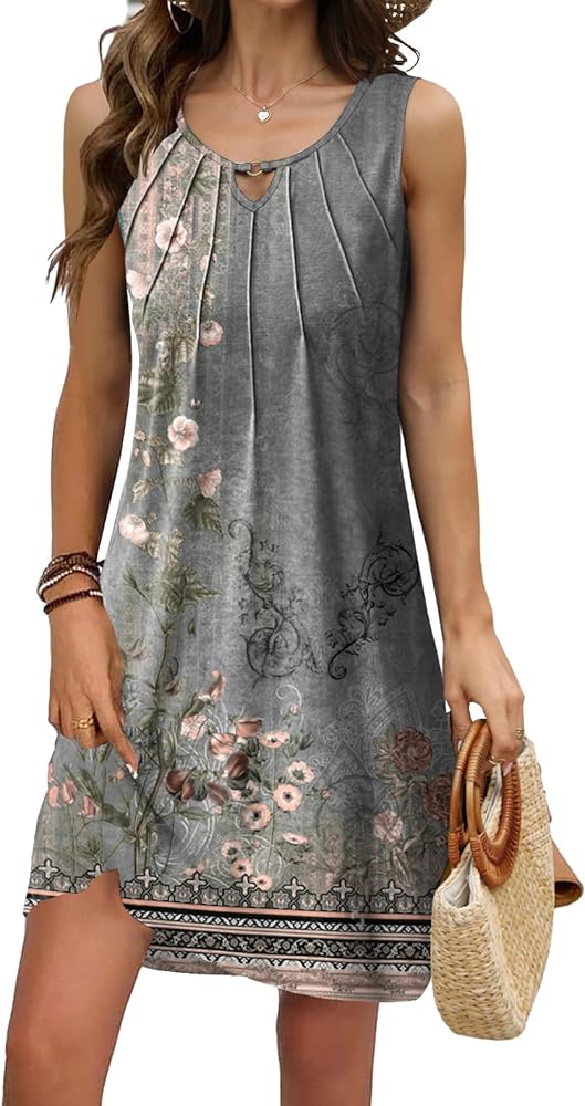 Pleated Front Summer Dresses for Women 2024 Casual Beach Floral Print Sundress Boho Tank Dress