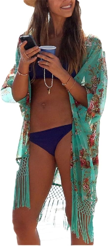 Bsubseach Women Bohemian Purplish Floral Chiffon Bikini Swimsuit Cover Up Swimwear Tassel Cardigan