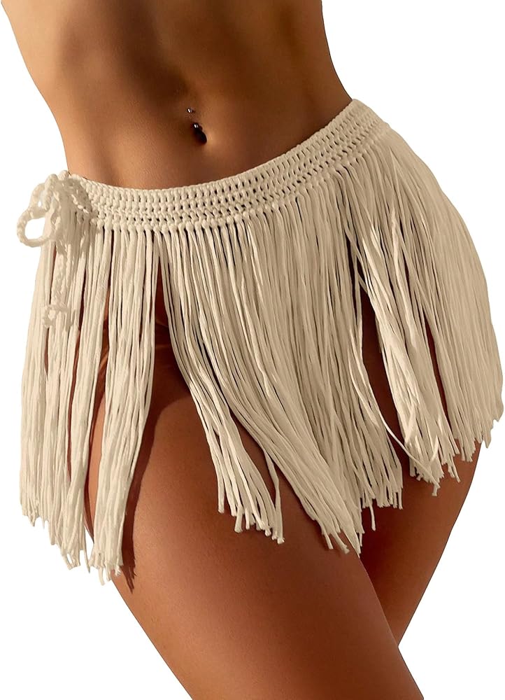 OYOANGLE Women's Swimsuit Cover Ups Boho Tassels Fringe Trim Crochet Beach Skirts Tie Side Bathing Suits