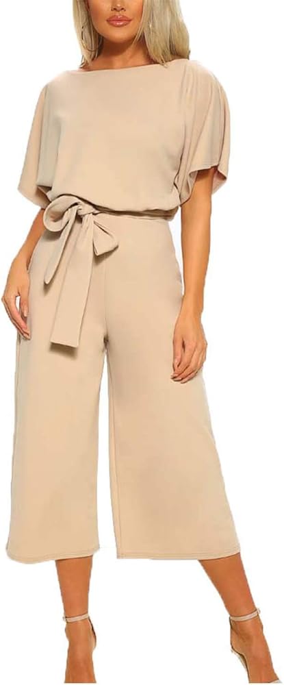 Women Jumpsuits Work Casual Short Sleeve Capris Palazzo Pants Rompers