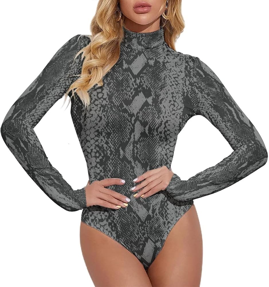 Women Snakeskin Bodysuit Tops Mock Neck Long Sleeve Slim Fit Jumpsuit