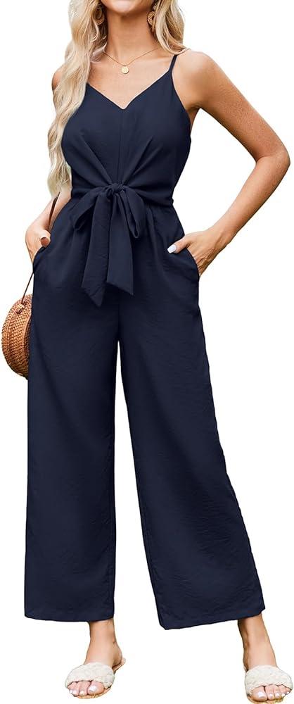 JASAMBAC Women Jumpsuits Dressy Casual Sleeveless Spaghetti Strap Loose Rompers Wide Leg Linen Summer Outfits with Pockets