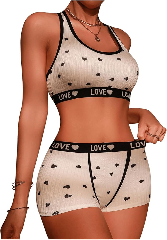 SOLY HUX Women's Lingerie Set Heart Letter Print Bra and Boyshort Panties Underwear Sets