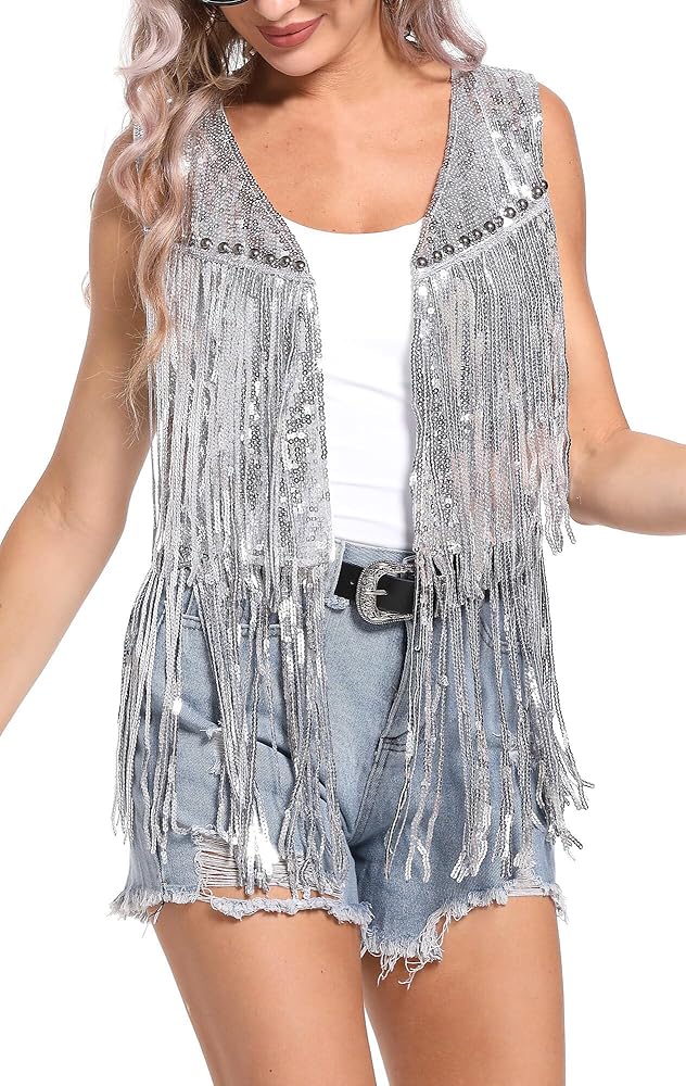 Women’s Sequins Fringe Jackets Sleeveless Glitter Tassel Vest Sparky V Neck Open Front Waistcoat Cocktail 2024 Fashion