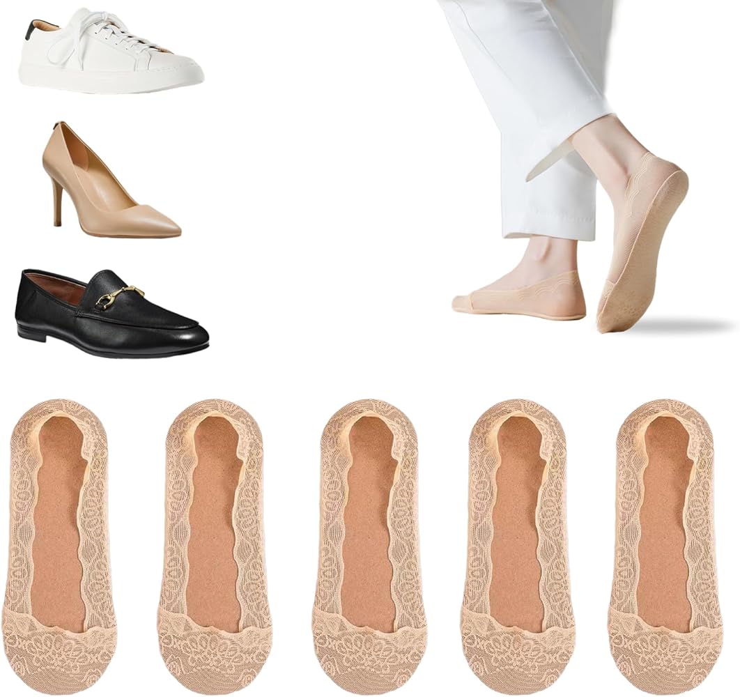 Women Invisible Socks Cushion Footlets Non-Slip 7 Pairs Nude Color Size 9-11 Lace Sock-Free for Heels Pumps Flats No-Show with Low Sockets