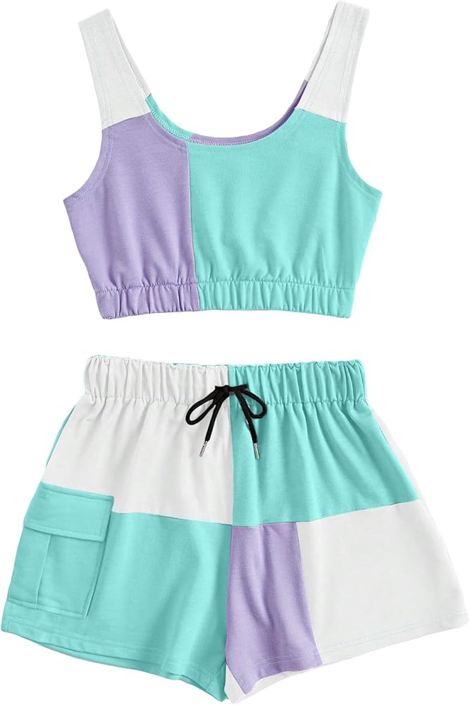 GORGLITTER Women's 2 Piece Plus Colorblock Outfit Crop Tank Top Drawstring Waist Shorts Set