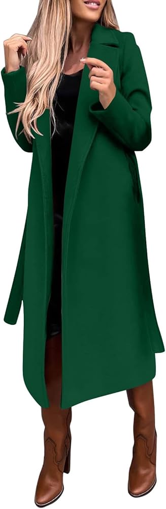 Women's Long Coats Fashion Winter Woolen Coat Elegant Lapel Trench Solid Color Jacket Work Tie Coat, S-3XL