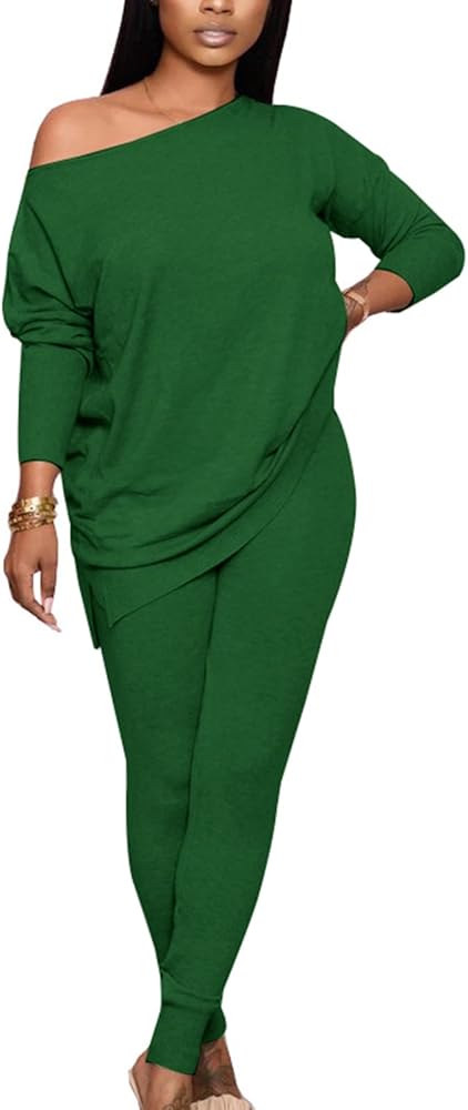 Women's 2 Piece Outfit Sets Casual Long Sleeve T-Shirts Biker Pants Set Green