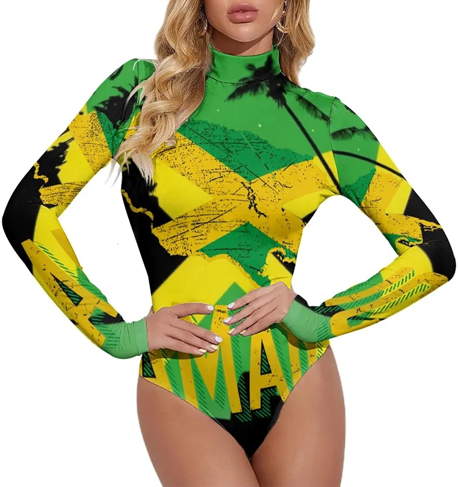 Jamaican Flag Jamaican Flag Women's Mock Turtle Neck Long Sleeve Tops Bodysuit Jumpsuit L