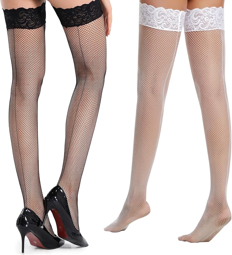 Thigh High Fishnet Stockings - 2Pack Sheer Back Seam Fish Net Tights, Nylon Hosiery Lace Top w/Silicone