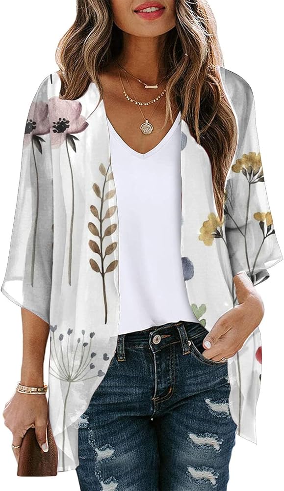 Light Summer Cardigan for Womens Trendy Floral Print Cardigan Blouse Shirts 3/4 Sleeve Cardigan Beach Swimsuits Cover Ups