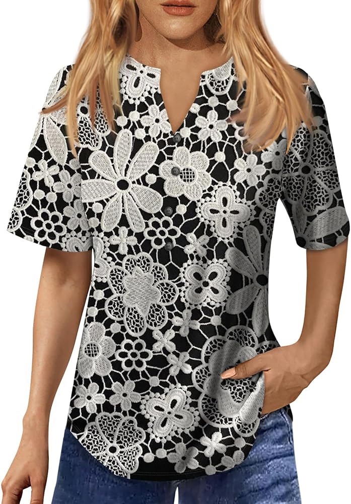 Short Sleeve Shirts for Women Vacation V-Neck T Shirts Dressy Casual Printed Blouse Button-Down 2024 Summer Shirt