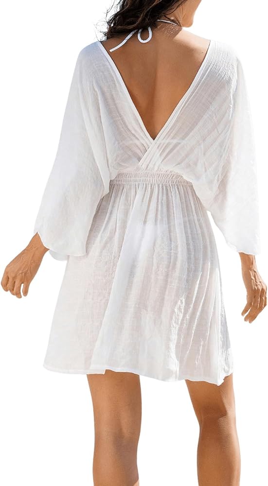 GORGLITTER Women'S Sheer Cover Up Dress Backless Tie Waist Transparent Beach Cover Ups