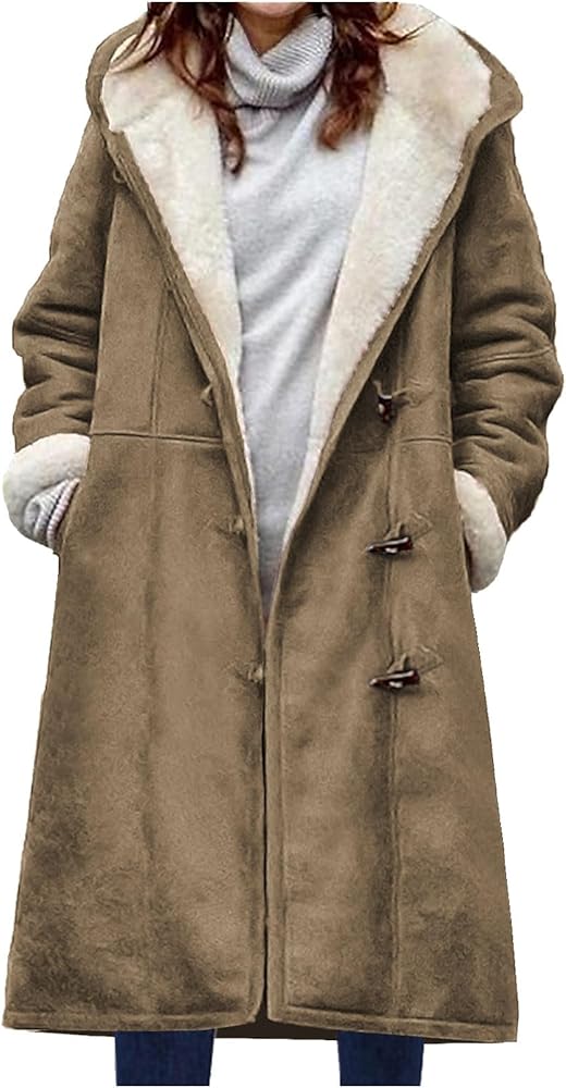 Lastesso Women Long Winter Puffer Coat Warm Faux Fuzzy Long Sleeve Casual Horn Button Outerwear Warm Jacket with Pockets