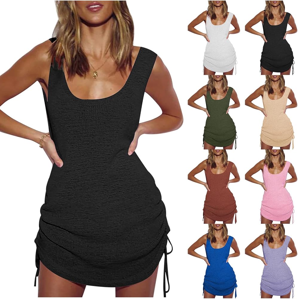 Women Swimsuits Cover Ups Bikini Beach Dress Scoop Neck Backless Dress Bathing Suit Cover Tank Dress with Drawstring