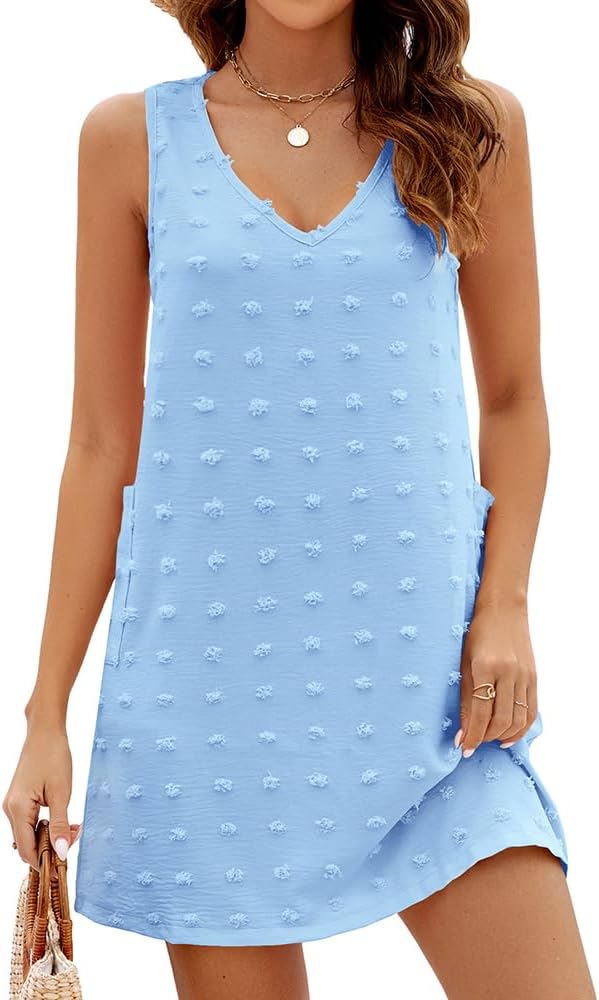 IHOT Women's Casual Summer Sun Dresses Swiss Polka Dot Beach Cover Up V Neck Sleeveless Tank Dress with Pockets