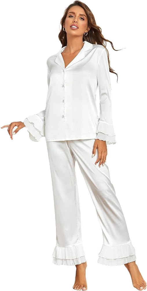 Verdusa Women's Satin Notch Collar Blouse and Ruffle Hem Pants PJ Set