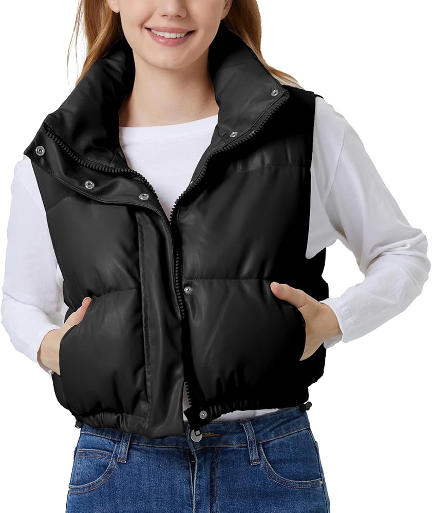 Rixiland Womens Faux Leather Puffer Vest Stand Collar Zip Up Gilet PU Sleeveless Lightweight Warm Cropped Jacket with Pockets