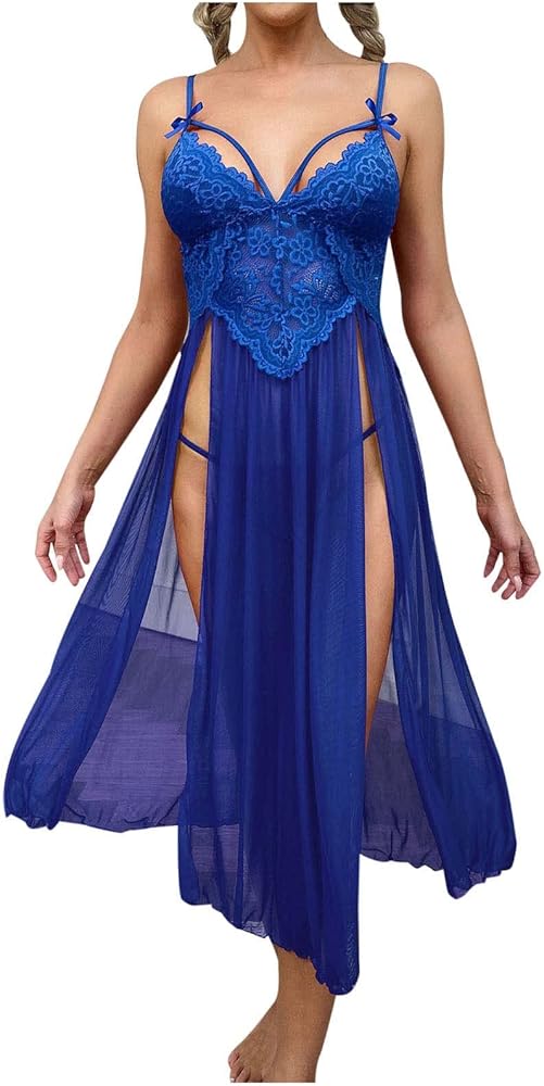 Women's Lace Nightgown Long Sleepdress Nightwear Sexy Straps Lingerie Embroidery Mesh Nightdress High Slit Chemises Babydoll