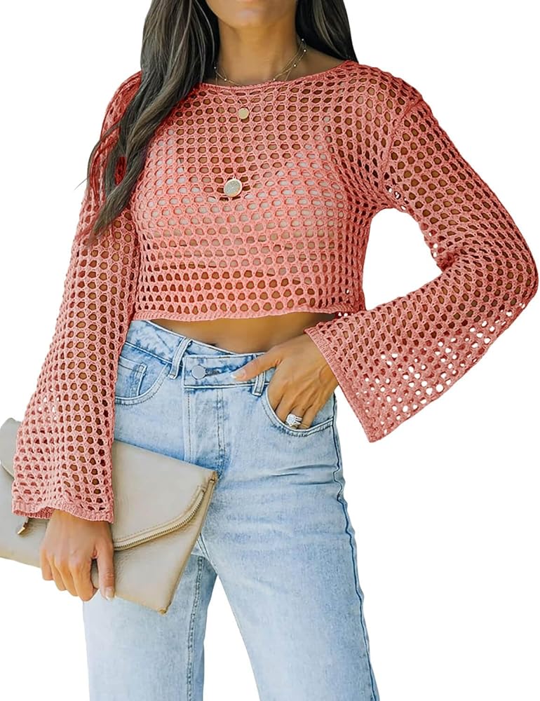 Womens Fishnet Crochet Crop Top Sexy Long Sleeve See Through Hollow Out Mesh Bikini Cover Ups