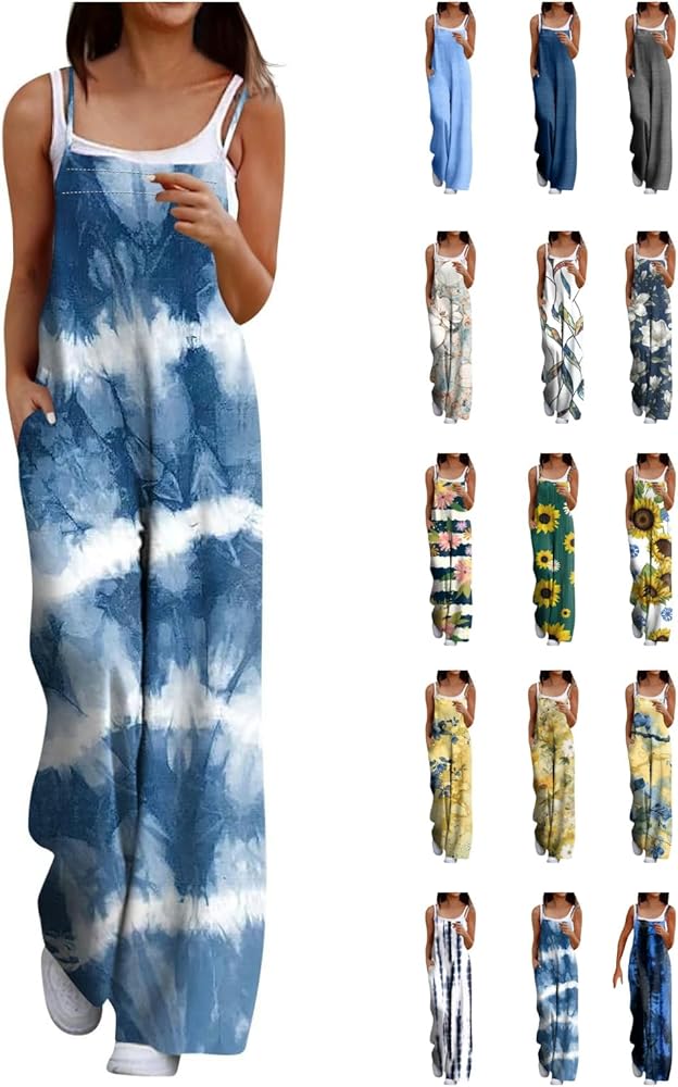 Women's Jumpsuits Casual Loose Overalls Jumpsuits One Piece Sleeveless Printed Wide Leg Long Pant Rompers, S-5XL