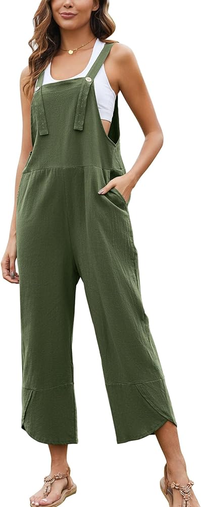 Flygo Women's Casual Cotton Wide Leg Overalls Baggy Rompers Jumpsuit with Pockets