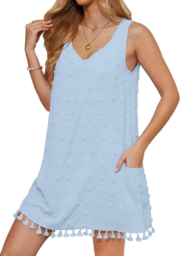 Yincro Womens Swimsuit Cover Up Swiss Dot V Neck Tank Beach Dress with Pockets