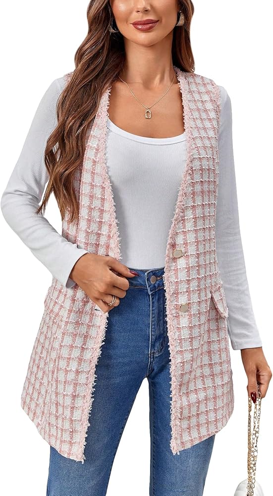 WDIRARA Women's Plaid Pattern Vest Blazer V Neck Button Front Sleeveless Tweed Jacket