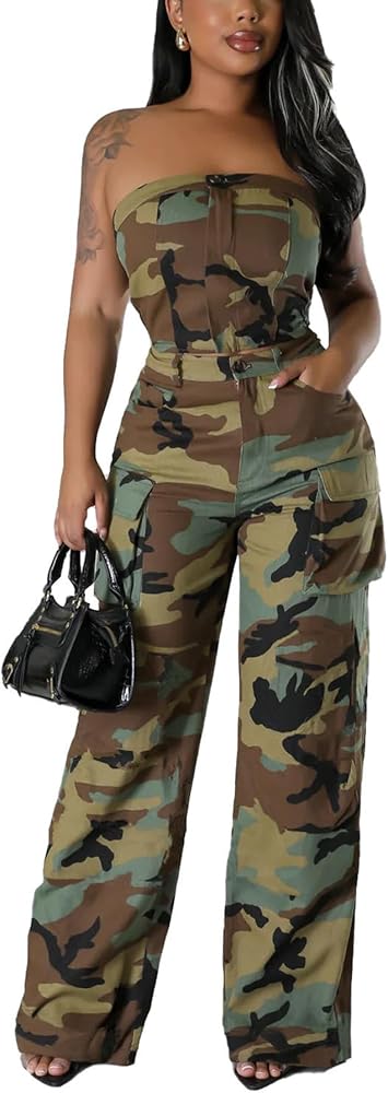 Tcremisa Womens 2 Piece Strapless Denim Jumpsuit Outfits Sexy Camouflage Tube Tops and Cargo Pants Set