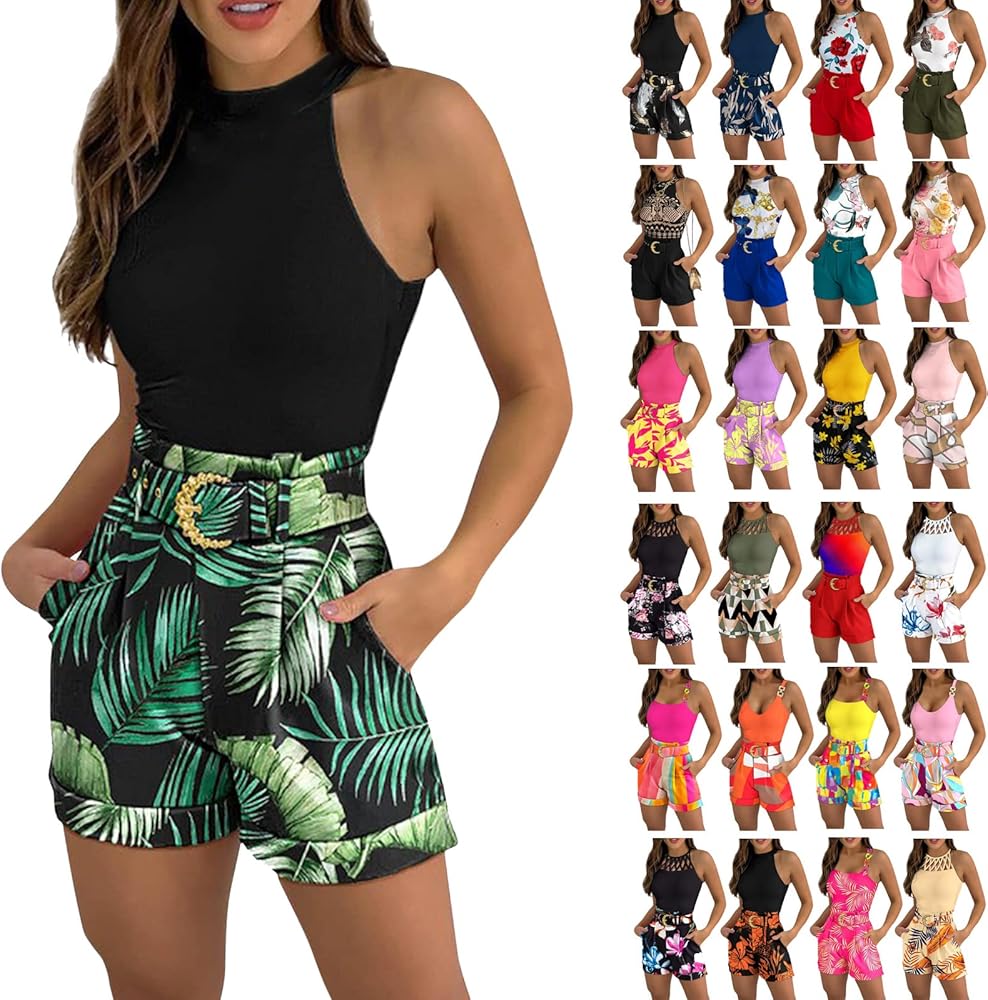 Two Piece Outfits for Women Sexy Hawaiian Print Bodycon Set Halter Neck Sleeveless Tank Top Casual Shorts with Belt