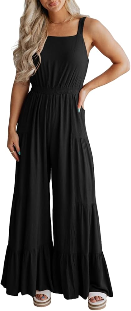 BLENCOT Jumpsuits for Women Summer Casual Loose Sleeveless Overalls Jumpsuit Ruffle Wide Leg Long Flare Pant Flowy Rompers