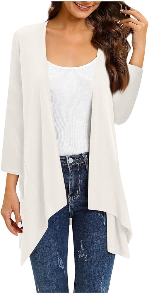 Summer Cardigans for Women 3/4 Length Sleeve Kimonos Fall with Pockets Tops Asymmetrical Hem