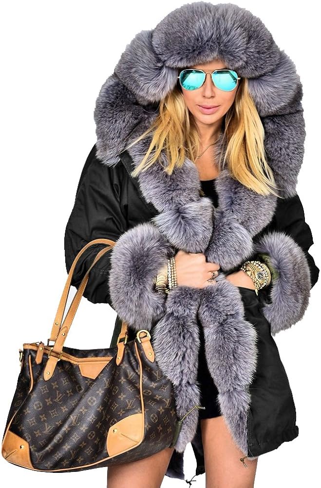 Roiii Women Thicken Warm Winter Coat Hood Down Parka Faux Fur Outdoor Overcoat Long Jacket Outwear