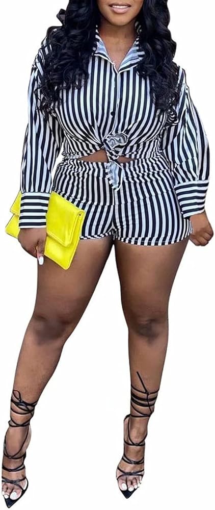 Women 2 Piece Striped Outfits Long Sleeve Button Up Shirt and Shorts Set