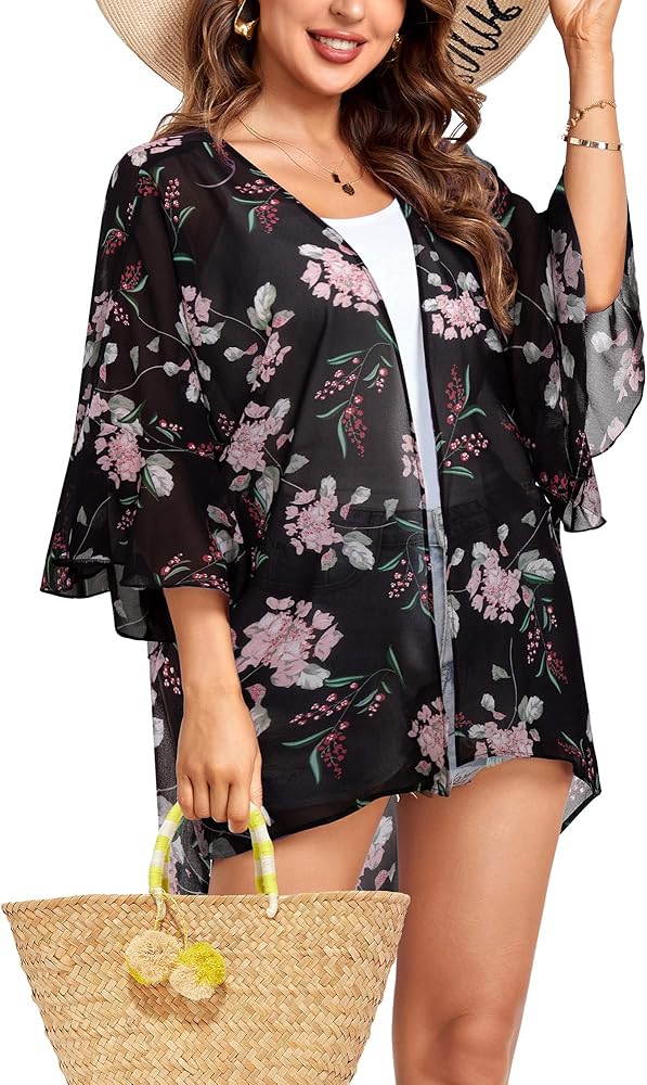 Lotusmile Women's Chiffon Kimono Cardigan Lightweight Flowy Blouse Open Front Beach Cover Up Tops