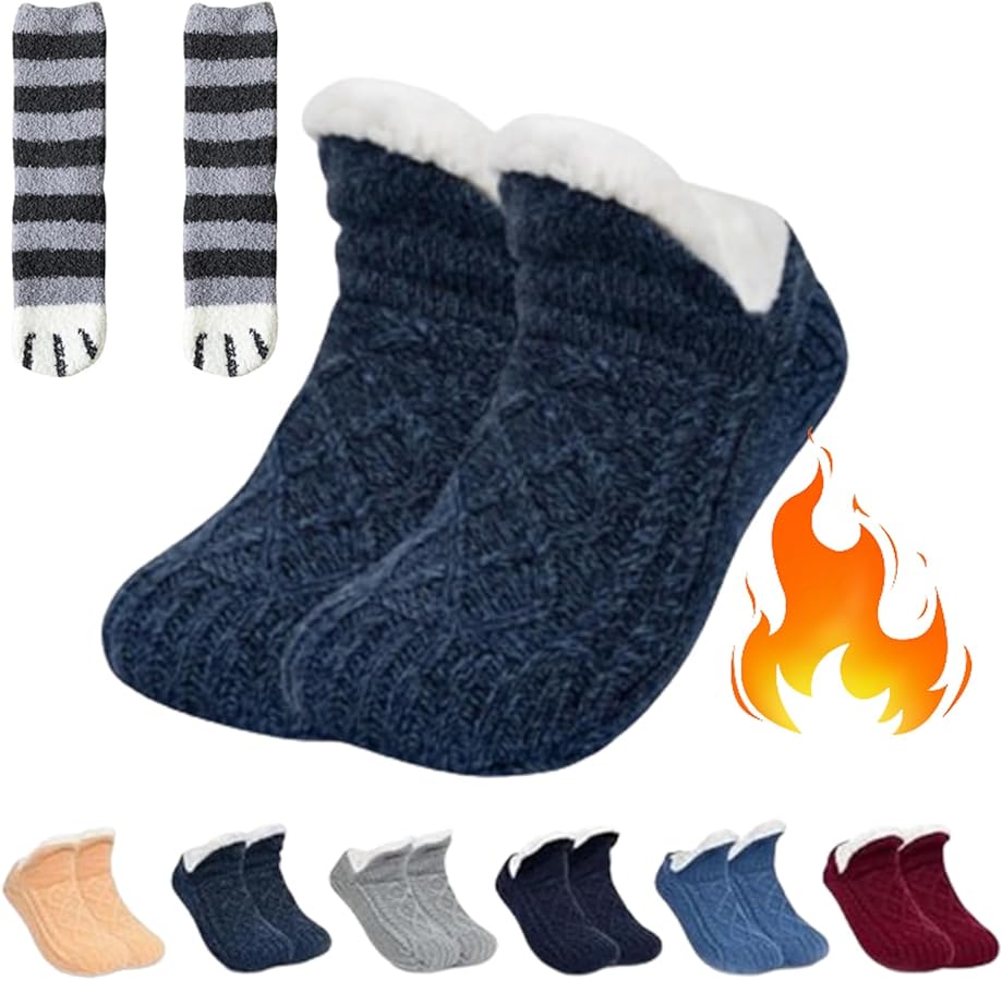 FleeceSox - Fleece-Lined Non-Slip Thermal Slippers Socks, Women Thick Fuzzy Warm Comfy Winter Fleece Fluffy Knitted