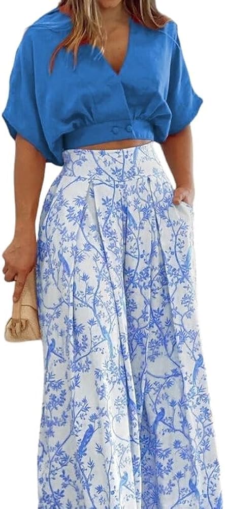 2 Piece Outfits for Womens Short Sleeve Deep V Neck Crop Tunic Top Lounge Matching Sets & Floral Long Pants Solid Bat Sleeves Top Flared Long Pants Set Tracksuits with Pockets,S, Small, Blue