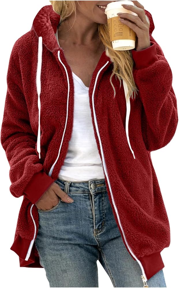 Fleece Jackets for Women Plus Size Zip Up Sherpa Lined Hoodie Coat Warm Casual Winter Loose Fuzzy Hooded Jacket