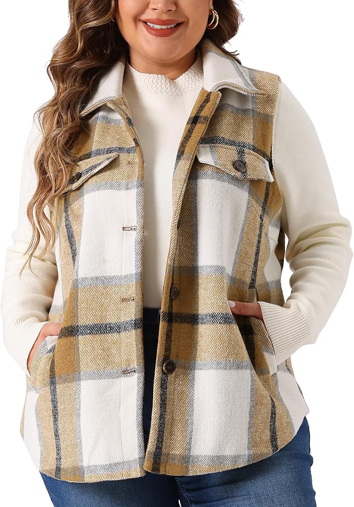 Agnes Orinda Plus Size Coat for Women Plaid Vest Coat Slash Pocket Sleeveless Button Down Jacket Outerwear