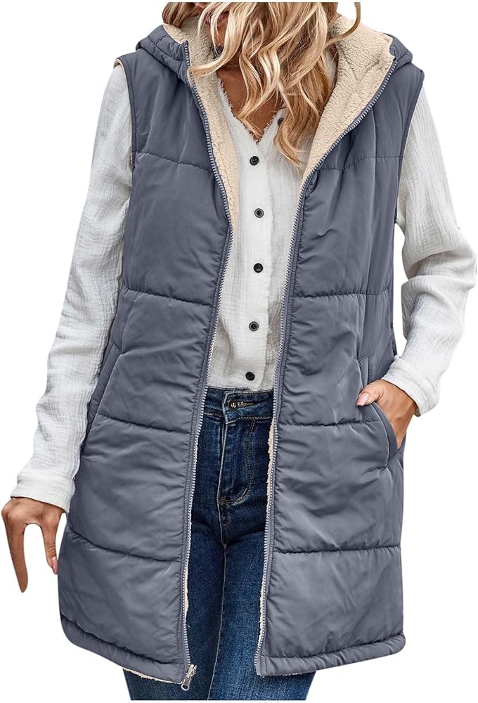 Womens Reversible Vests 2023 Sleeveless Fleece Jacket Zip Up Hoodie Pockets Plus Size Long Warm Winter Coat Outerwear