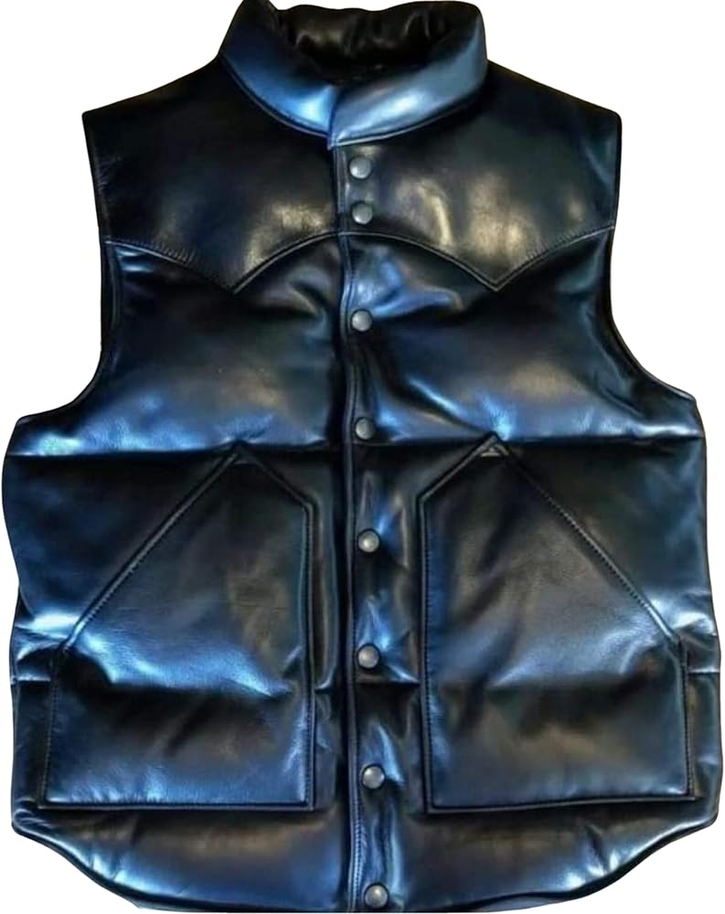 Leather Puffer Vest Black Color Handmade Real Lambskin Modern Quilted Down Vest Jacket