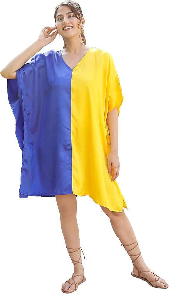 Women Short Tunic Kaftan Plus Size Satin Silk Swimsuit Cover Ups Double Color Mini Caftan Pajama Dresses