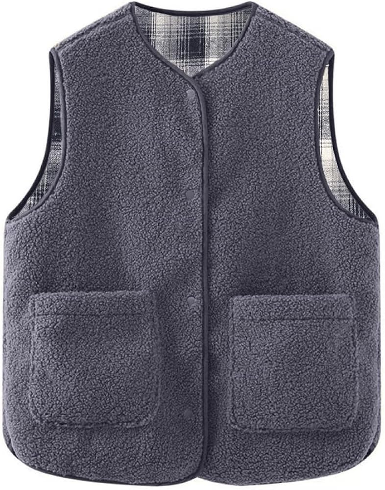 Women's Fuzzy Sherpa Fleece Vest Casual Button Down Waistcoat Sleeveless Gilet Reversible Plaid Outerwear with Pockets