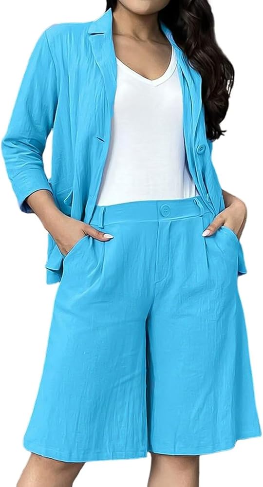 Flamingals Two Pieces Set for Women Flap Detail Blazer & Shorts Set without Belt